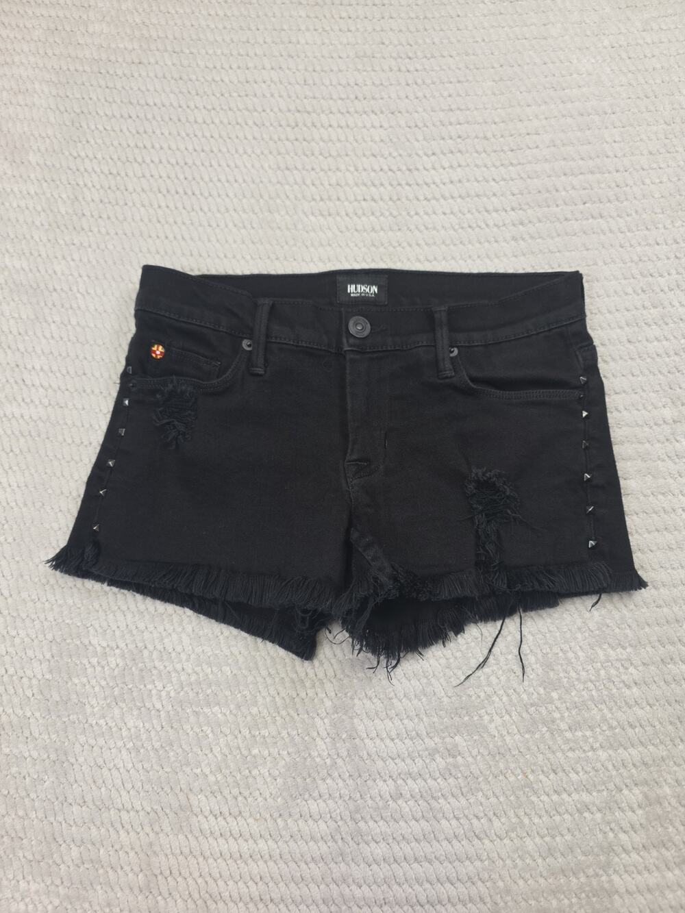 Hudson Shorts Womens 25 Black Distressed Studded Raw Hem Stretch Black Denim